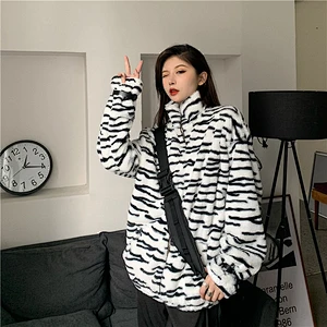 Amazon INS Hot Cozy Plush Coat Zebra Pattern Full Zip Sherpa Fleece Jacket Pullover