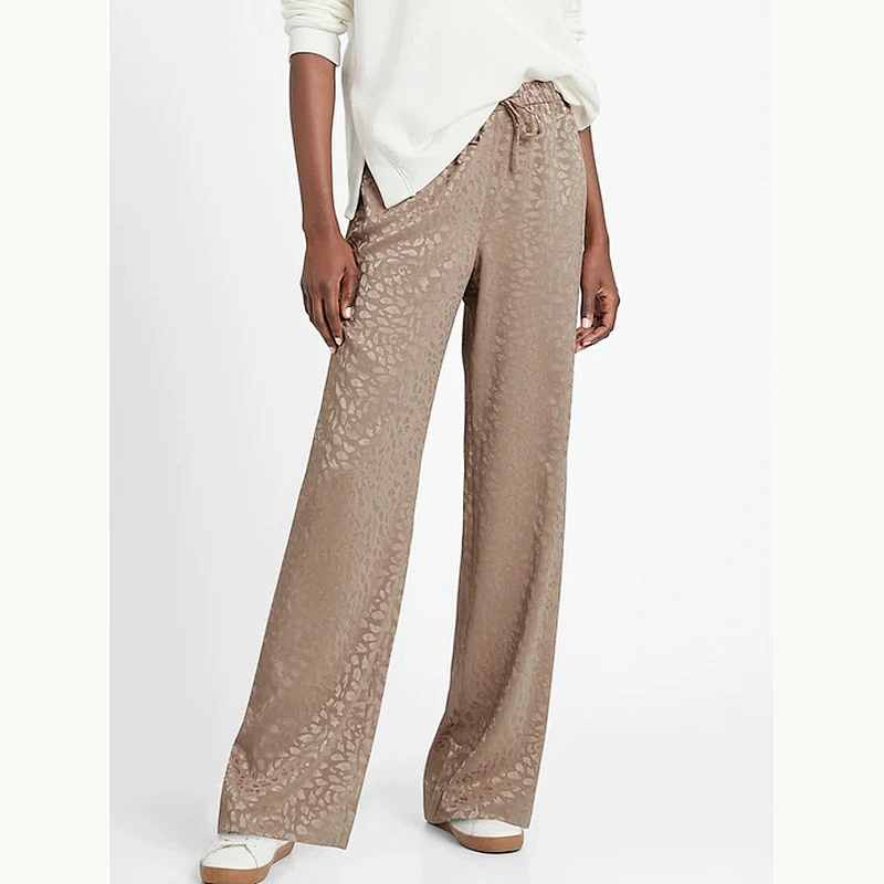 Latest Factory High Waisted Crepe Fabric High Rise Wide Leg Satin Pull On Pant