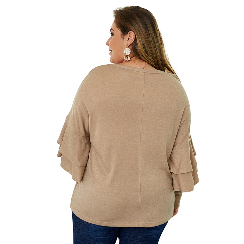 Women Plus Size Pullover Sweater Ruffle Sleeve Solid Color  Knitted Crew Neck Sweater Tops