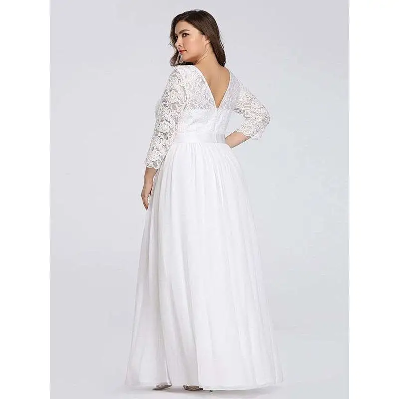 Factory Hot Selling Simple Plus Size Lace Evening Dress with Long Sleeves Party Dress