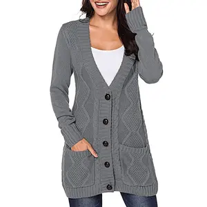 Hot sale Premium Knitting Sweater Pockets Button Deep V Neck Fitted Womens Cardigan Long