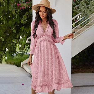 2021 New All Over Print Deep V-neck Ruffle Hem Dress