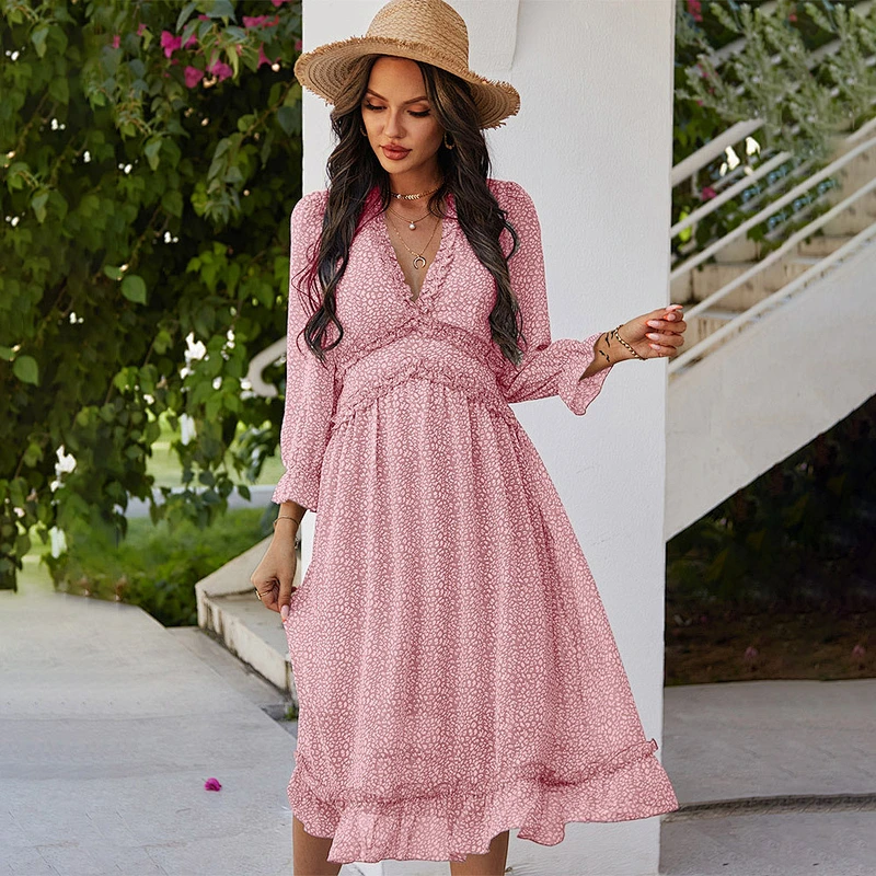 2021 New All Over Print Deep V-neck Ruffle Hem Dress