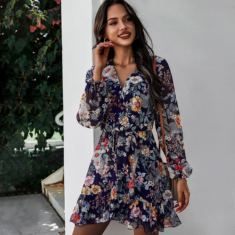 2021 New Floral Surplice Neck Belted Dress