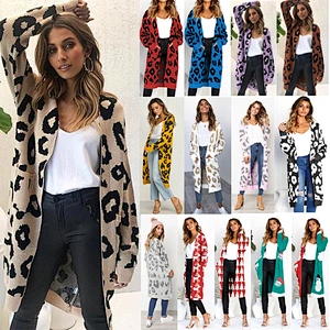 Trendy female knit sweater long sleeve women extra long leopard cardigan without buttons