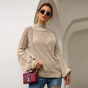 Wholesale New Design Ladies Top Loose Long Sleeve High Neck Yellow Knit Sweater Pullover