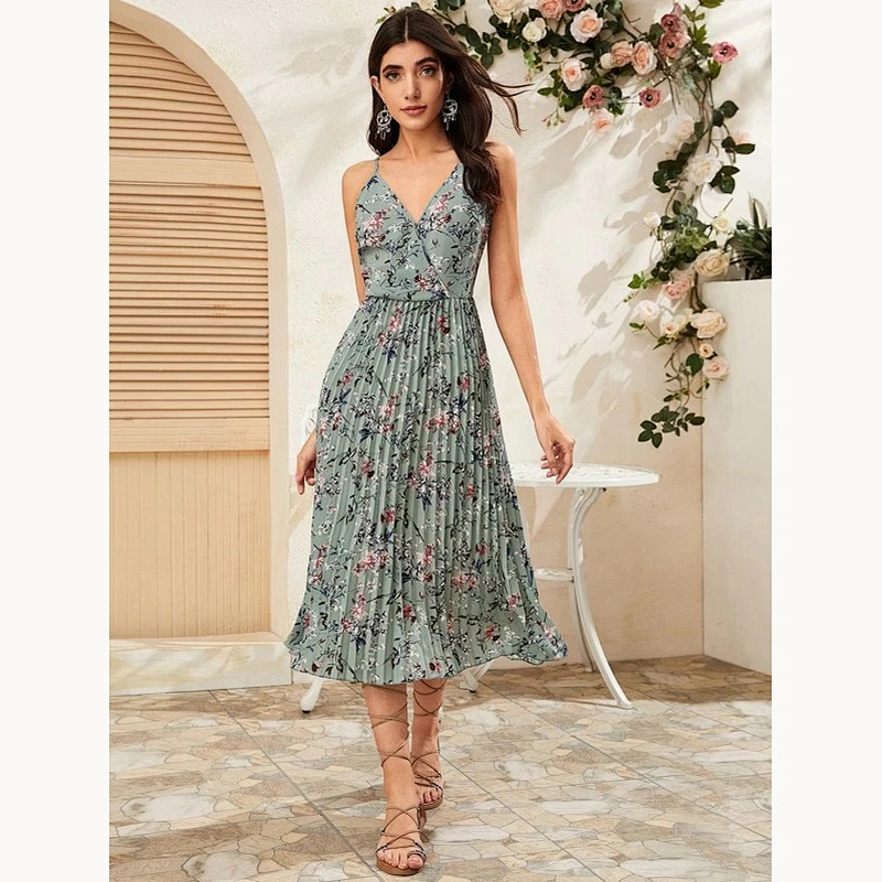 2021 New Floral Print Pleated Slip Dress