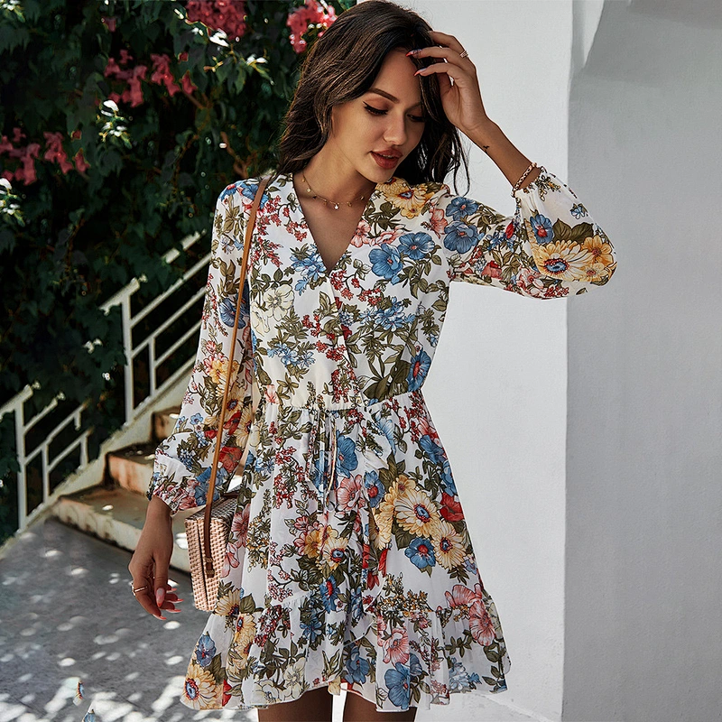 2021 New Floral Surplice Neck Belted Dress