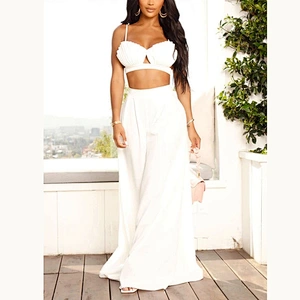 Hot Wholesale High Quality Subtle Pleated Office Wide Leg Women White Lounge Pants