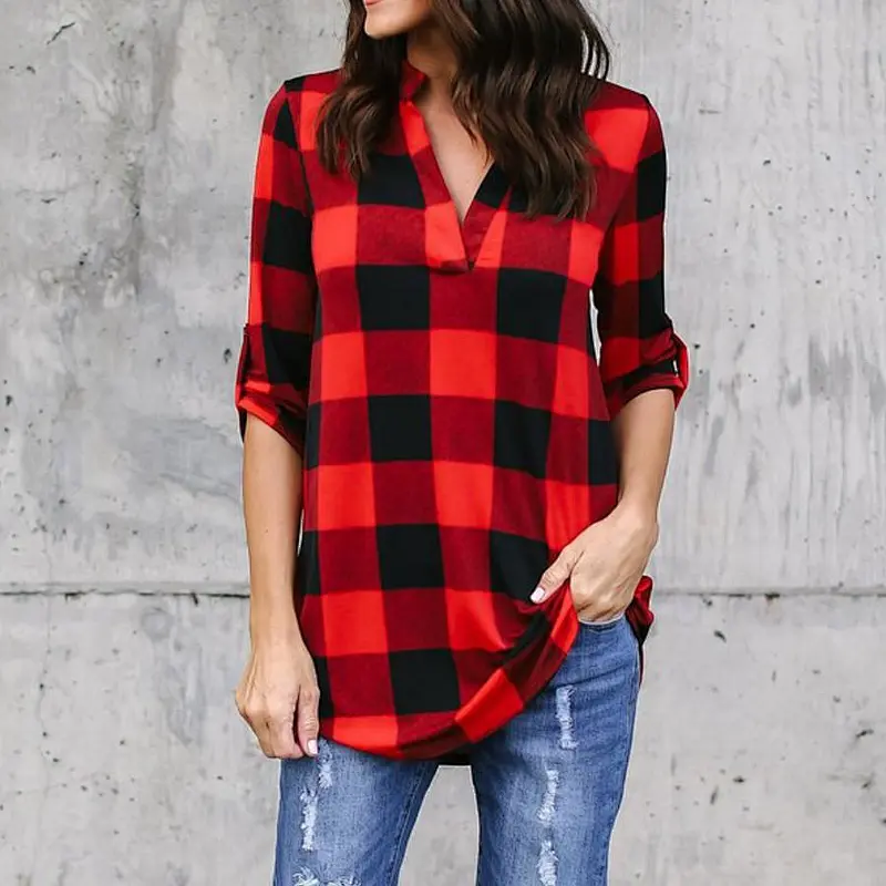 Wholesale Plaid Printed V-neck Long-sleeved Ladies Shirt Office Tunic Shirts Tops For Women