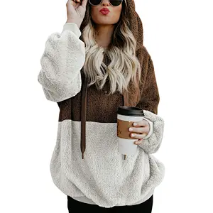Women's Quarter Zipper Patchwork Sherpa Sweatshirt Pullover, Fuzzy Fleece Winter Casual Plus Size Hooded Outwear Coats