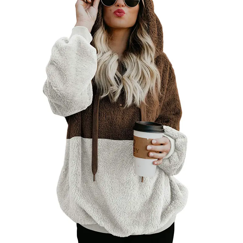 Women's Quarter Zipper Patchwork Sherpa Sweatshirt Pullover, Fuzzy Fleece Winter Casual Plus Size Hooded Outwear Coats