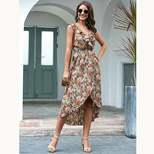 2021 New Allover Floral Ruffle Tie Back Wrap Dress