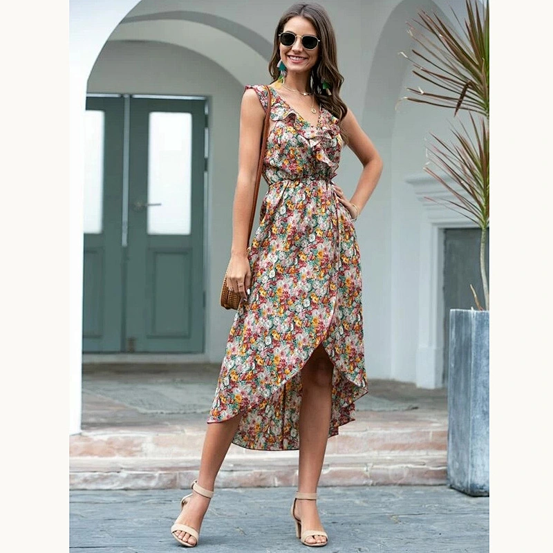 2021 New Allover Floral Ruffle Tie Back Wrap Dress