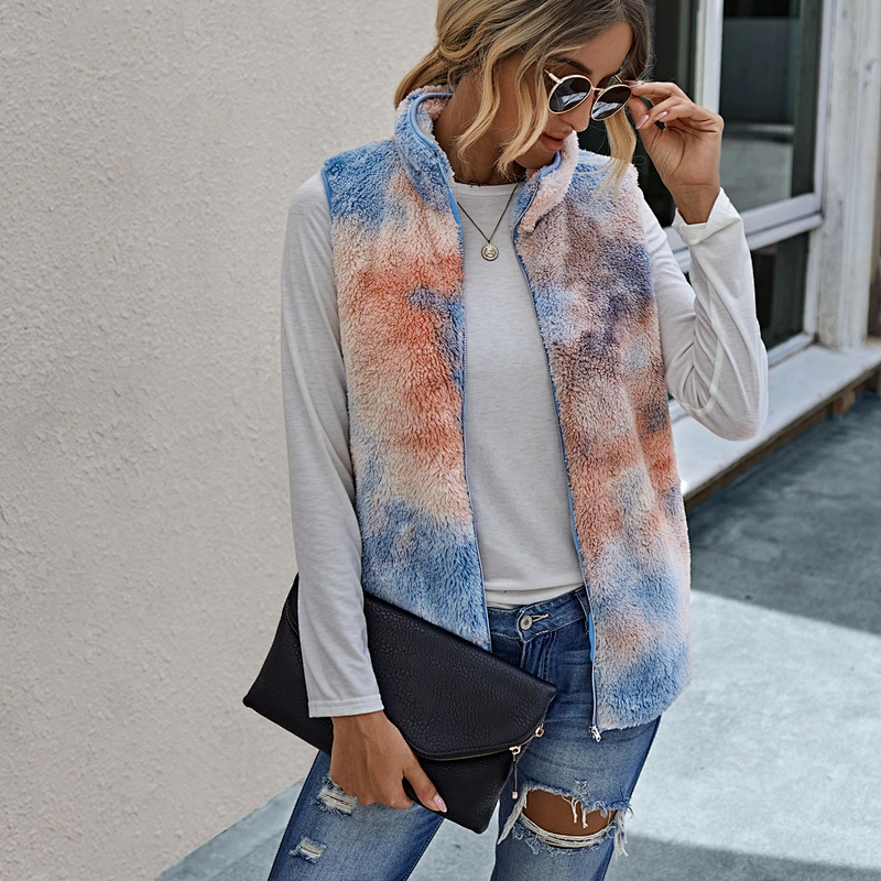 2021 Winter Warm Sleeveless Full Zipper Tie dye Sherpa Fleece Vest
