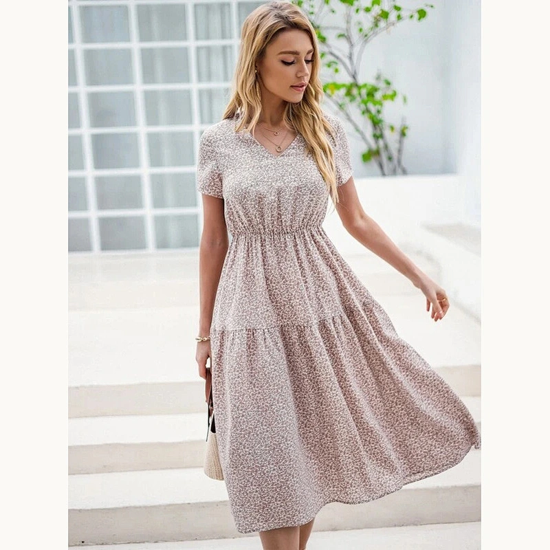 New Arrival V Neck Ditsy Floral A-line Dress ladies dresses 2021 elegant