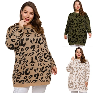Fashion winter fat Women Pullover Crew Neck Loose Casual Leopard Print Oversize Sweater