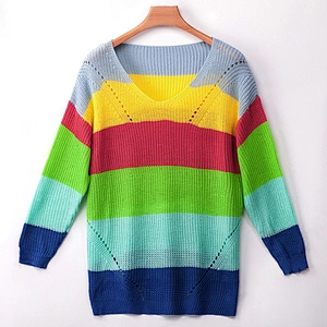 2019 Autumn Side Slit Sweater Horizontal Colorful Stripe Oversize Knit Sweater Women