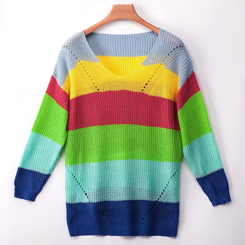2019 Autumn Side Slit Sweater Horizontal Colorful Stripe Oversize Knit Sweater Women