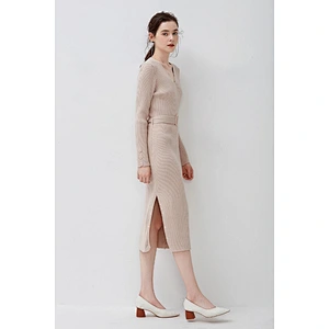 Custom Logo Womens Over-knee Long Sweater Dress  V-Neck Front Belted knitted Tunic Sweater Dress Pullover