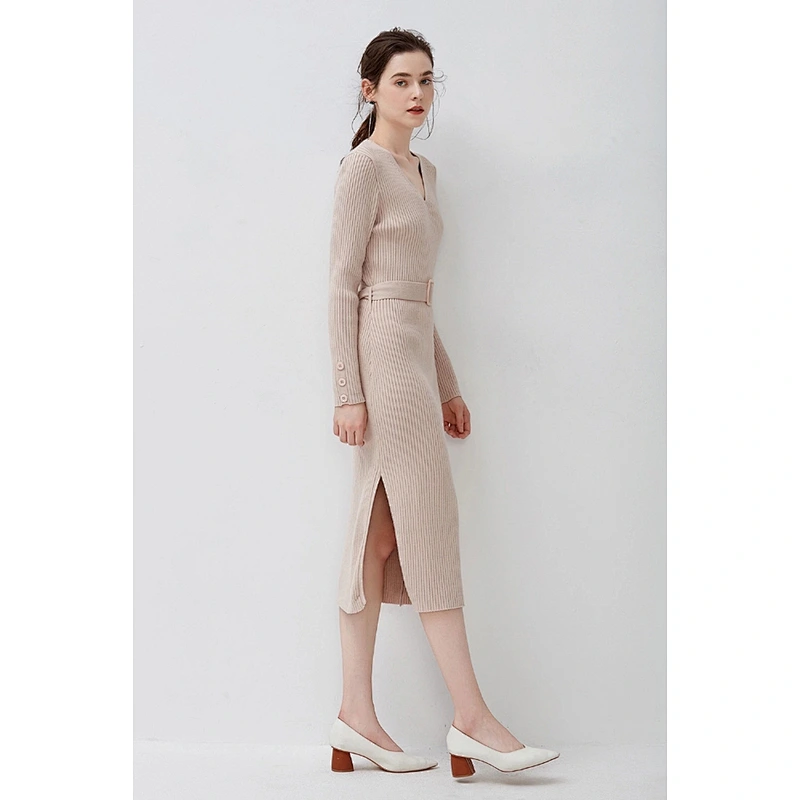 Custom Logo Womens Over-knee Long Sweater Dress  V-Neck Front Belted knitted Tunic Sweater Dress Pullover