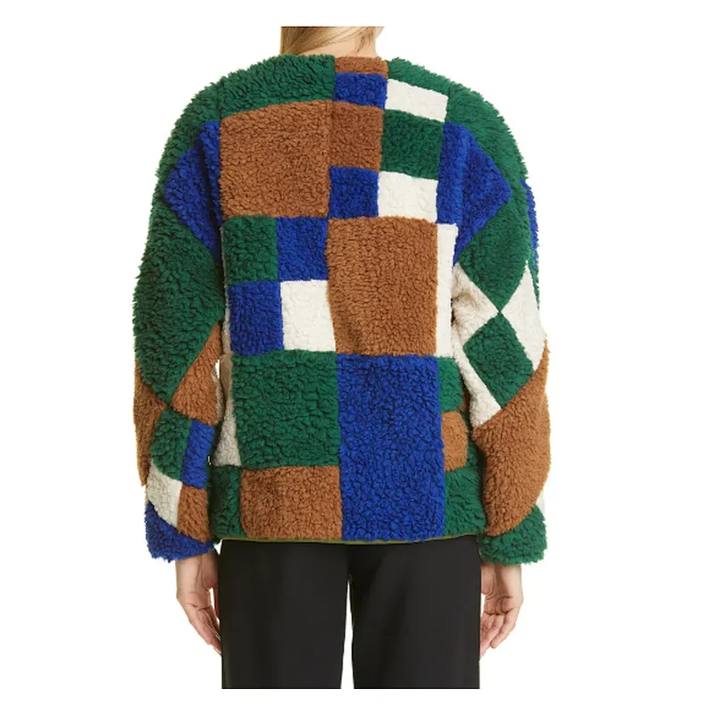 Women's Winter Warm Teddy Coat Fuzzy Faux Button Up Outwear Crew Neck Patchwork Oversize Fleece Jacket