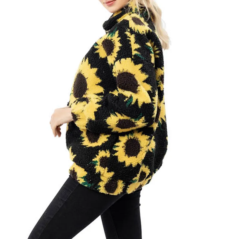 2021 New Arrival Lamb Wool  Sunflower Print Sherpa Fleece Jacket Pullover