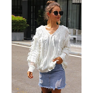 Factory Direct Women's Knitted Pullover Tops V-neck tassel lace Patchwork loose White knit sweater