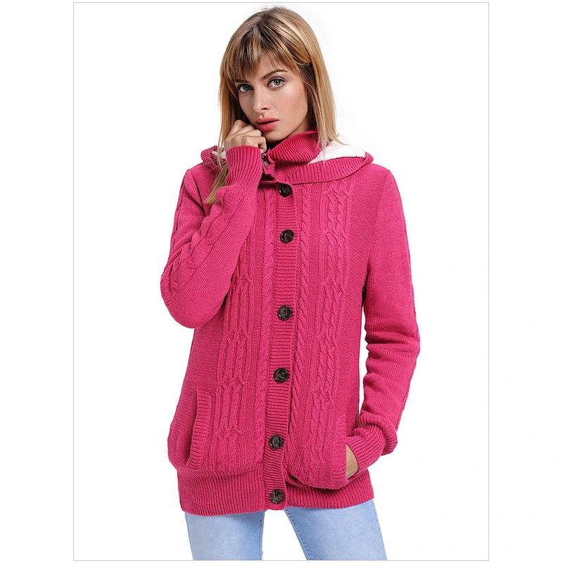 Women's Long Sleeve Button-up Hooded Cardigans Knit Sweater Blouse