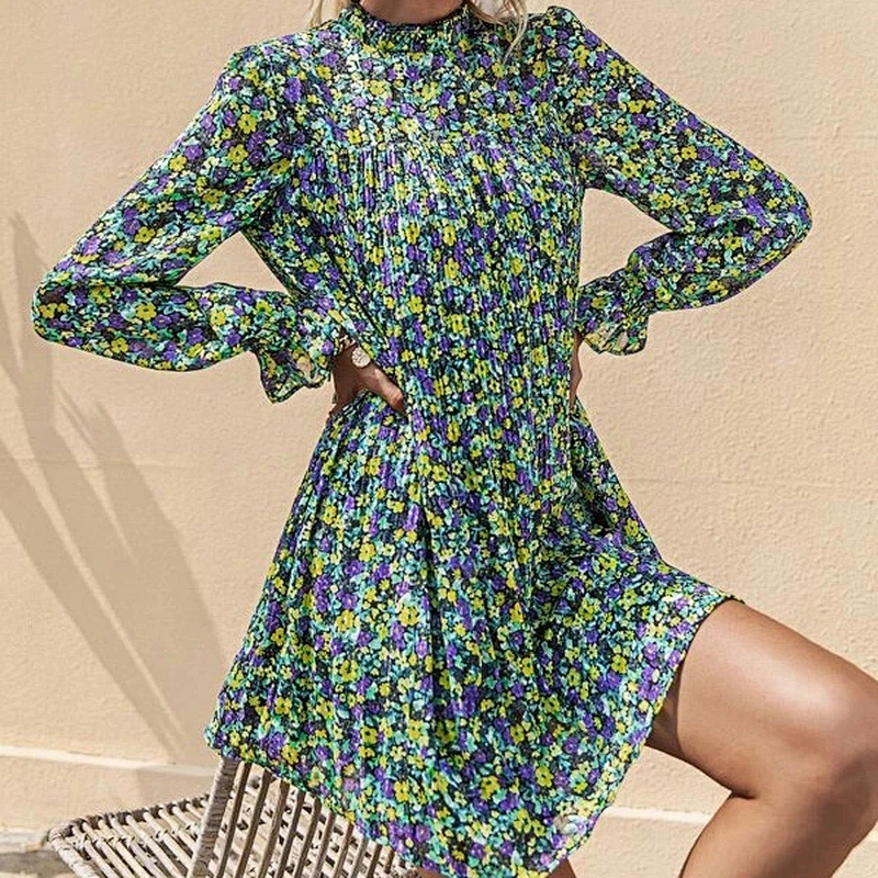 2021 New Arrival Ditsy Floral Pleated Mock Neck Dress ladies dresses elegant
