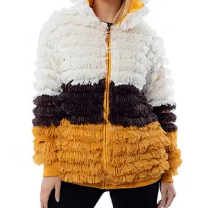 Womens Luxury Winter Jacket Outwear Color Block PV Fleece Full Zip Sherpa Hooded Jacket Coat