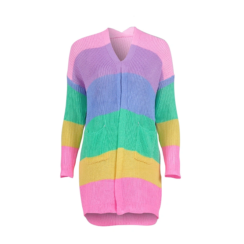 New Fancy Ladies Top Clothing Multicolor Striped Rainbow Long Knitted Sweater Cardigan