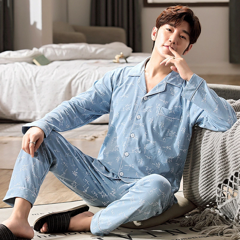 Wholesal Men long sleeve 100% cotton pajamas set Plus size solid color cardigan trousers cousal Comfy Pants Two Pieces Sets