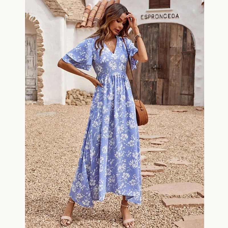 2021 New Allover Floral Asymmetrical Hem A-line Dress