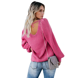 Amazon Top Women's lantern sleeves Off Shoulder Knit Jumper Pullover Tops V-neck Loose backless Sweater