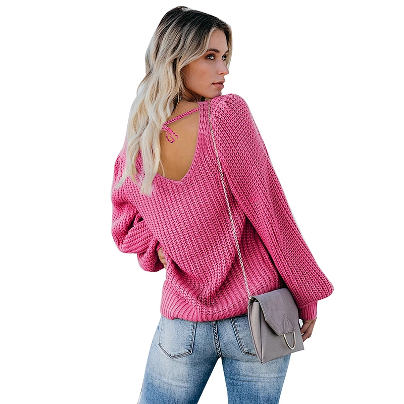 Amazon Top Women's lantern sleeves Off Shoulder Knit Jumper Pullover Tops V-neck Loose backless Sweater