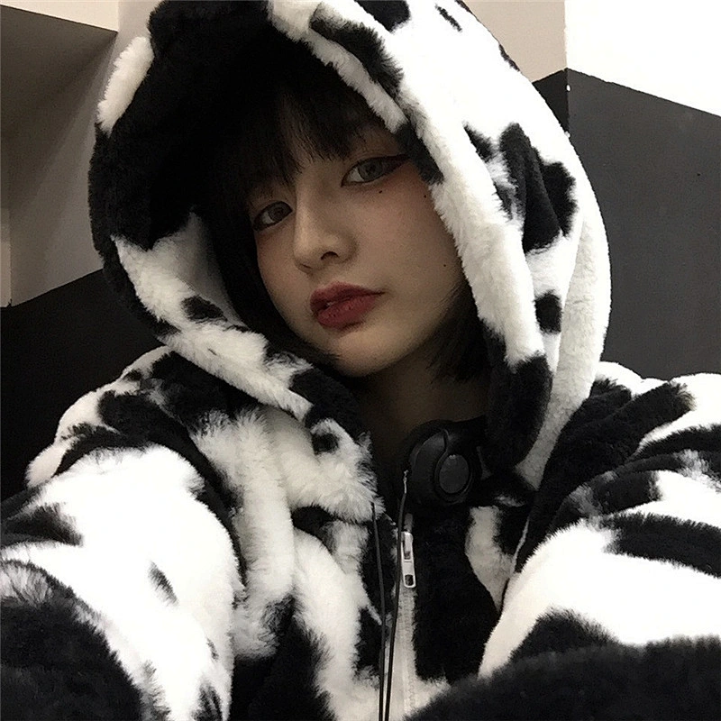 Fuzzy Cow Color Printing Plush Hooded Coat Sweatershirt Full Zip Fleece Hoodeis Sherpa Jacket Pullover