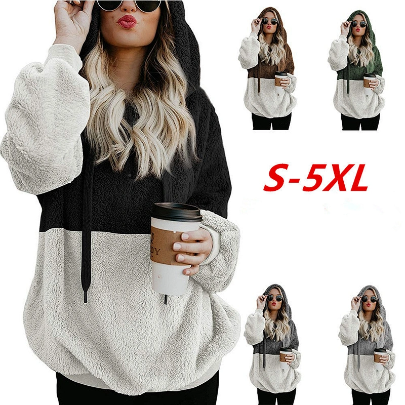 Custom Logo Women's Long Sleeve Winter Fuzzy Teddy Coats Quarter Zipper Sherpa Fleece Hoodies Sweatshirt Pullover