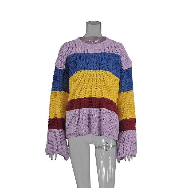 Three-Color Stitching Long-Sleeved Loose Pullover Sweater