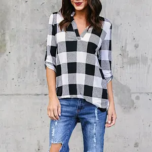 Wholesale Plaid Printed V-neck Long-sleeved Ladies Shirt Office Tunic Shirts Tops For Women
