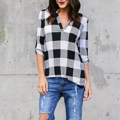 Wholesale Plaid Printed V-neck Long-sleeved Ladies Shirt Office Tunic Shirts Tops For Women