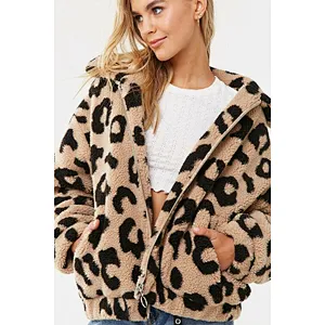 Custom Logo Womens Winter Jacket Outwear Leopard Print Full Zipper Sherpa Fleece Jacket
