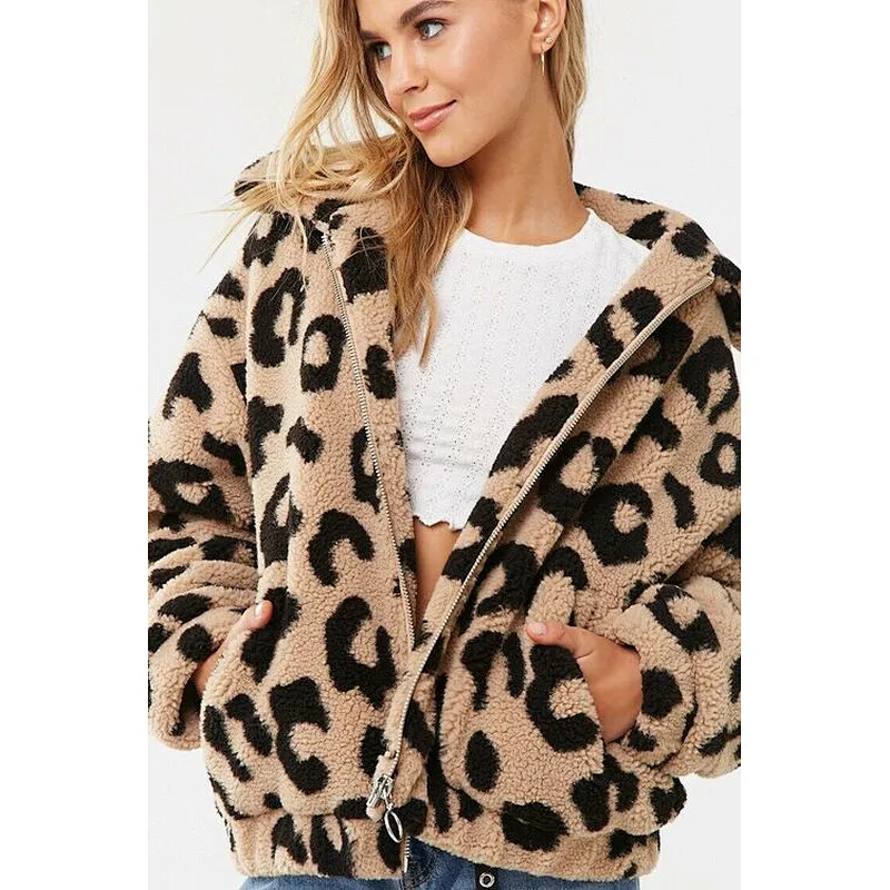 Custom Logo Womens Winter Jacket Outwear Leopard Print Full Zipper Sherpa Fleece Jacket