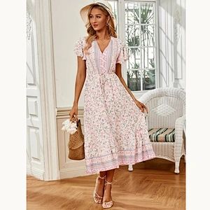 New Arrival Ditsy Floral Print Ruffle Hem Drawstring Waist Dress