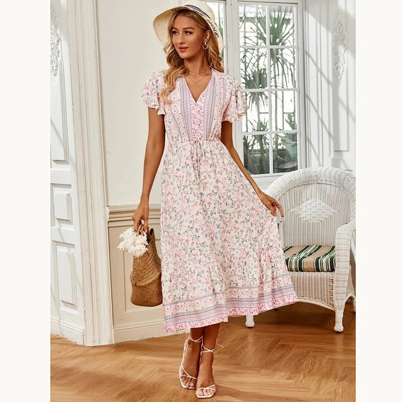 New Arrival Ditsy Floral Print Ruffle Hem Drawstring Waist Dress