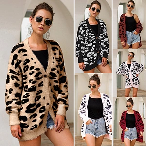 Trendy cashmere sweater Long sleeve Tree color Leopard Print knitted sweater cardigan