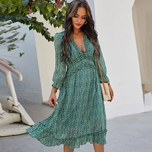 2021 New All Over Print Deep V-neck Ruffle Hem Dress