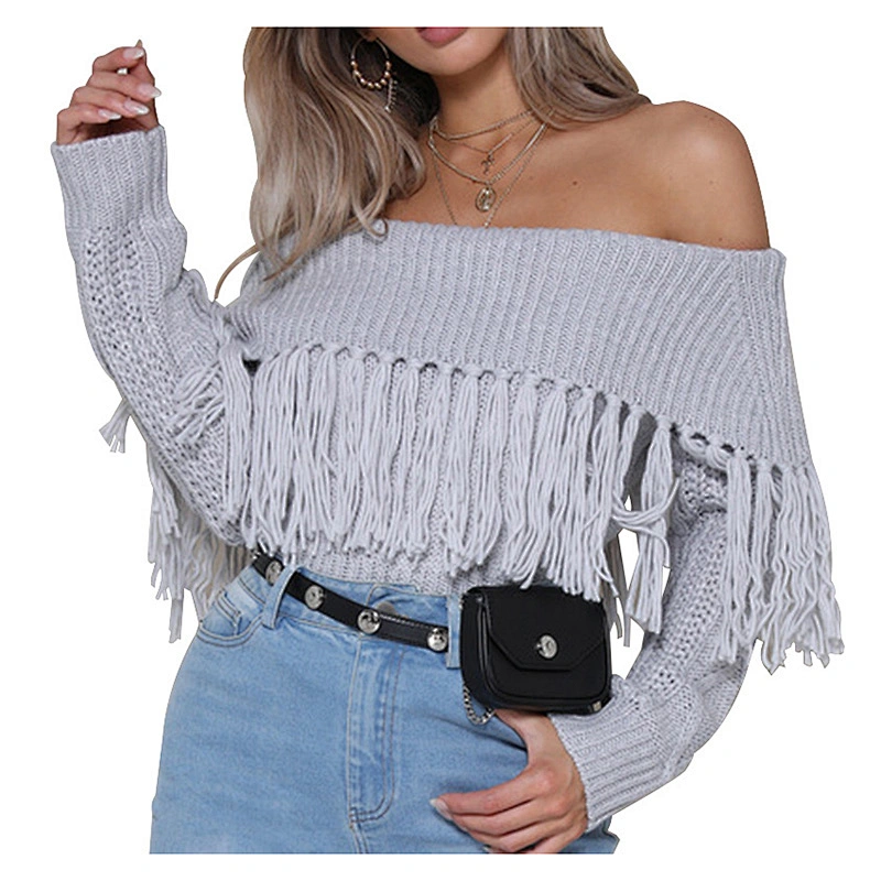 Wholesale Latest Design Womens Fall Thick Knitted Sexy Slash Tassel Sweater