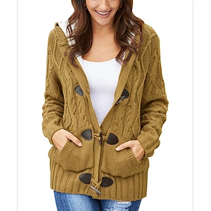 High Quality Fashion Warm Fur Hood Horn Button Sweater Cardigan