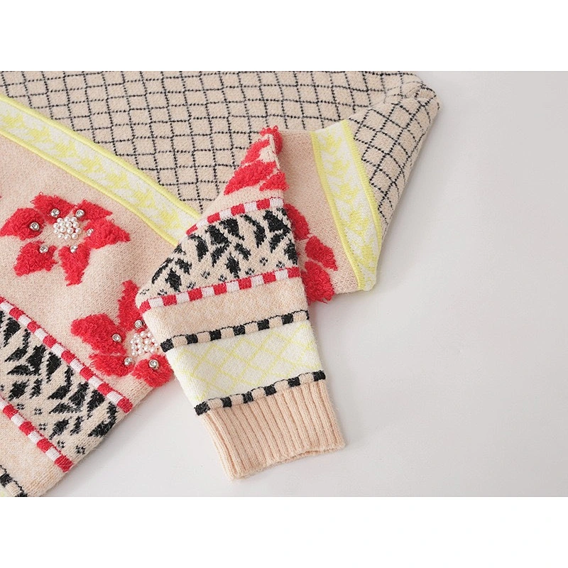 OEM/ODM Lady Fashion Vintage Style Loose Pullover Sweater Tops Lattice Printing Beaded Knitted Sweater